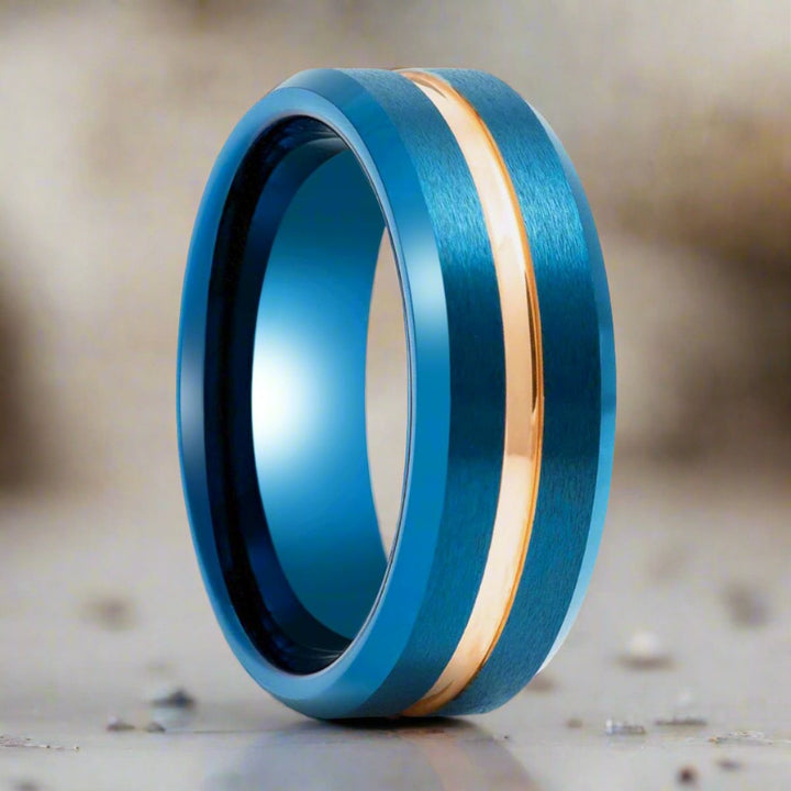 MYSTICRIDGE | Blue Tungsten Ring, Rose Gold Groove, Brushed, Beveled - Rings - Aydins Jewelry - 3