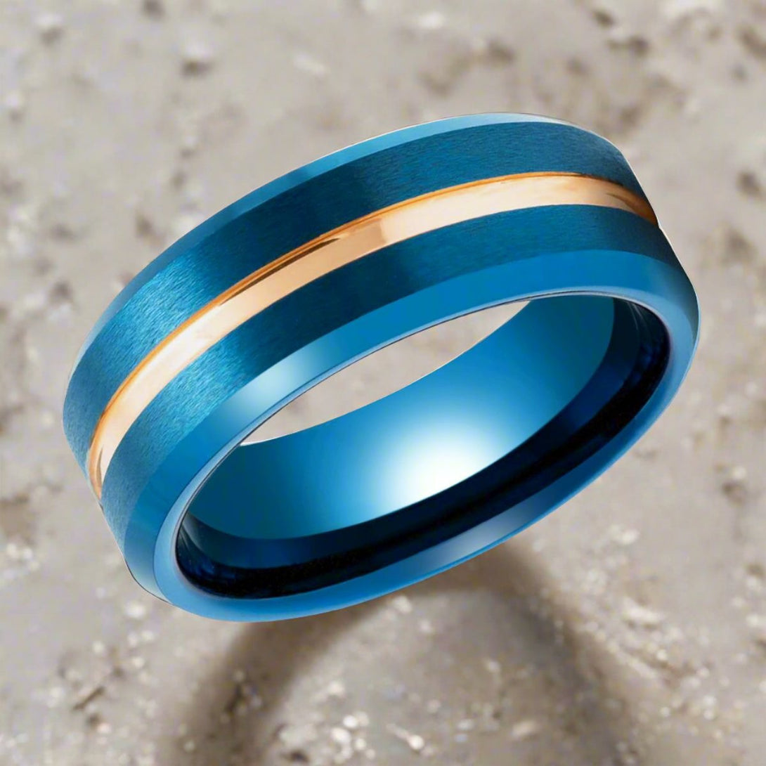 MYSTICRIDGE | Blue Tungsten Ring, Rose Gold Groove, Brushed, Beveled - Rings - Aydins Jewelry - 4