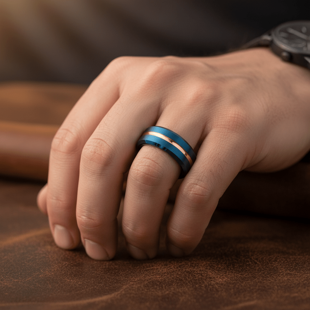 MYSTICRIDGE — Lifestyle photo on hand — men's tungsten wedding ring.