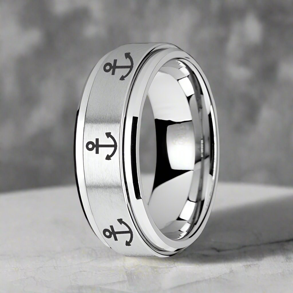 NAVIGATOR | Silver Tungsten Ring, Fidget Spinner, Laser Engraved Anchor, Beveled - Rings - Aydins Jewelry - 2