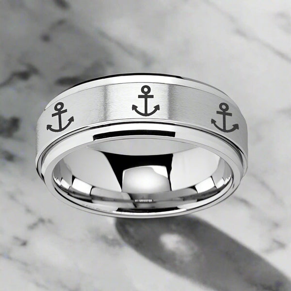 NAVIGATOR | Silver Tungsten Ring, Fidget Spinner, Laser Engraved Anchor, Beveled - Rings - Aydins Jewelry - 1