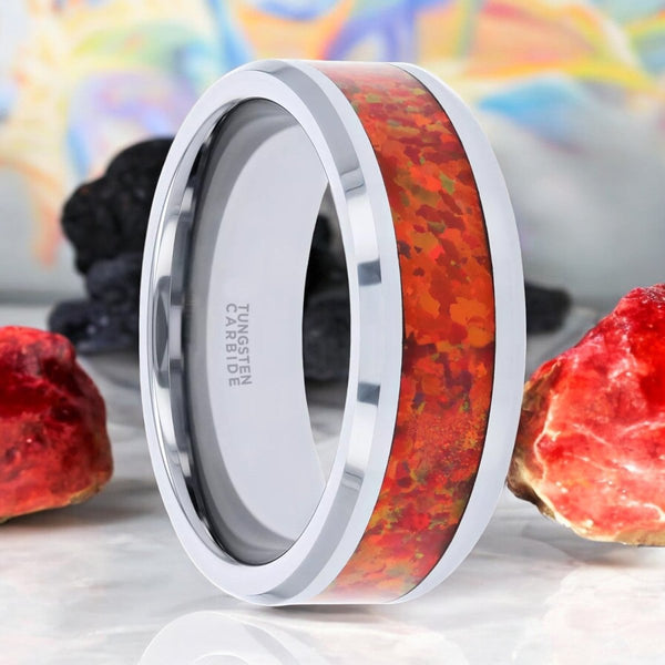 NEBULA | Silver Tungsten Ring, Red Opal Inlay, Beveled