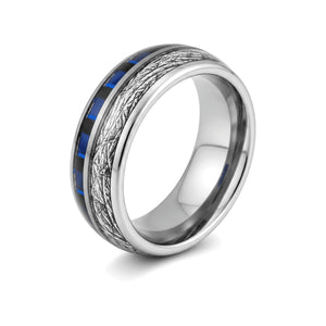 NEBULON silver tungsten wedding ring with meteorite and blue carbon fiber inlay - front view