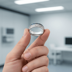 NEBULON — Held between fingers close-up — men's tungsten wedding ring.