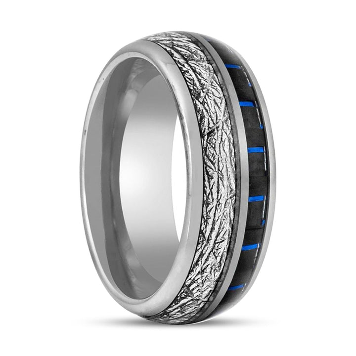 NEBULON | Silver Tungsten Ring, Imitation Meteorite & Blue Carbon Fiber Inlay, Domed - Rings - Aydins Jewelry - 1