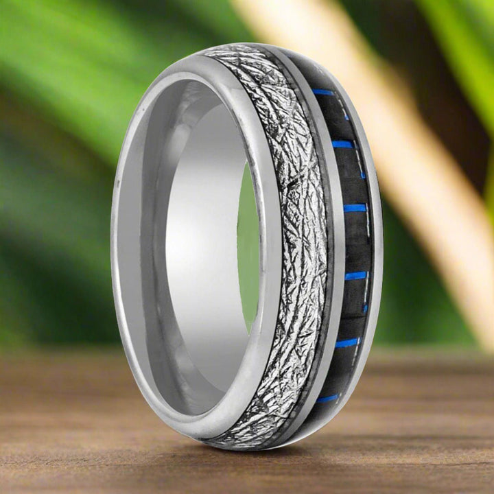NEBULON | Silver Tungsten Ring, Imitation Meteorite & Blue Carbon Fiber Inlay, Domed - Rings - Aydins Jewelry - 3
