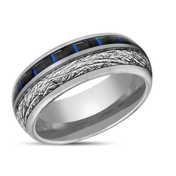 NEBULON | Silver Tungsten Ring, Imitation Meteorite & Blue Carbon Fiber Inlay, Domed - Rings - Aydins Jewelry - 2