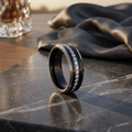 Polished black tungsten wedding ring with channel-set white CZ eternity inlay and beveled edges, 8mm comfort fit
