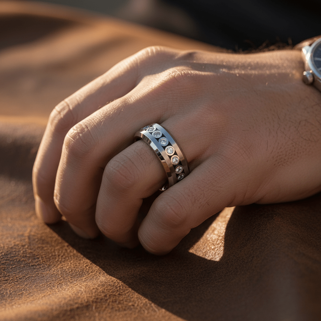 NESO — Lifestyle photo on hand — men's tungsten wedding ring.