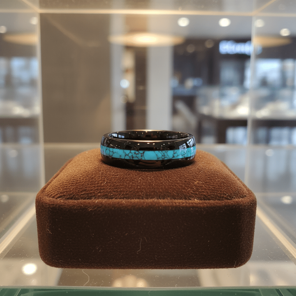 NETARTS — Premium boutique display on velvet — men's tungsten wedding ring.