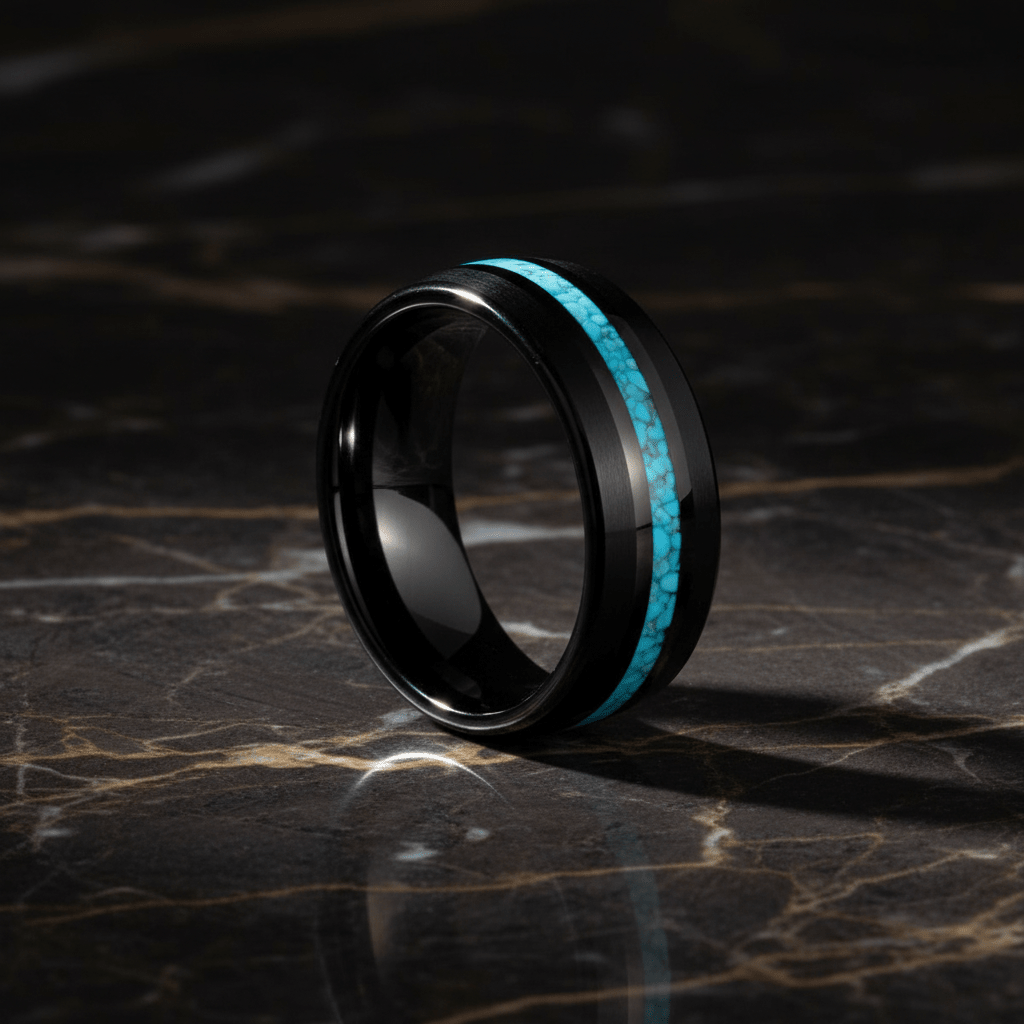 NETARTS — Luxury 3/4 angle on dark marble — men's tungsten wedding ring.