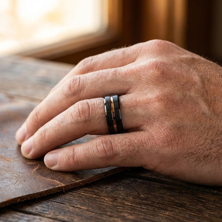Aydins Jewelry Modern men’s tungsten wedding band with brushed black finish Hand wearing a ring on a wooden surface