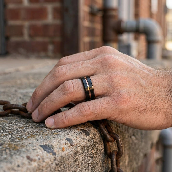 Aydins Jewelry Modern men’s tungsten wedding band with brushed black finish Hand wearing a ring on a stone surface with a brick wall background