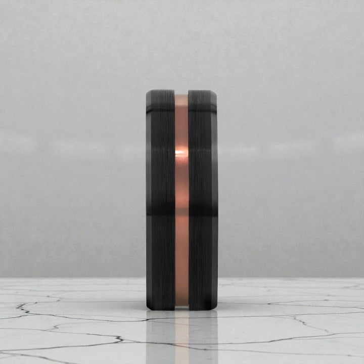 Close up of espresso groove contrast on black tungsten ring