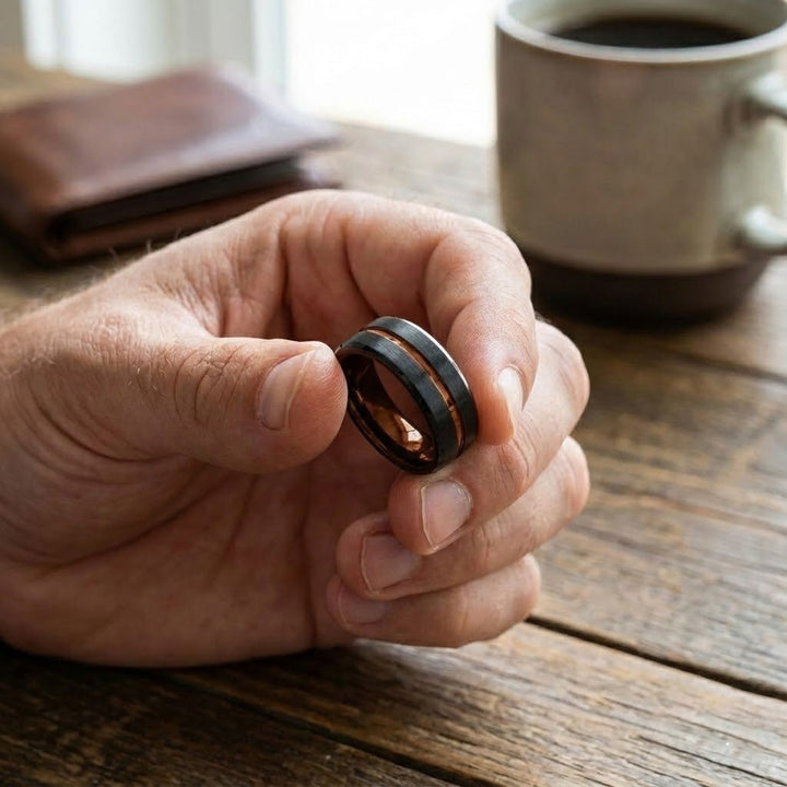 Aydins Jewelry Modern men’s tungsten wedding band with brushed black finish holding the ring between fingers.