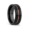 NEVAN black tungsten ring with espresso groove, 3/4 angle view