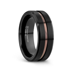 NEVAN black tungsten ring with espresso groove, 3/4 angle view