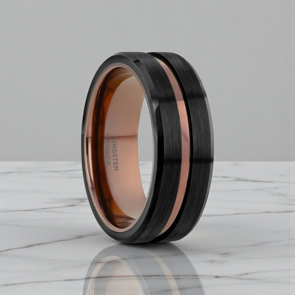 Flat brushed black tungsten ring 8 mm with espresso groove center - Aydins Jewelry