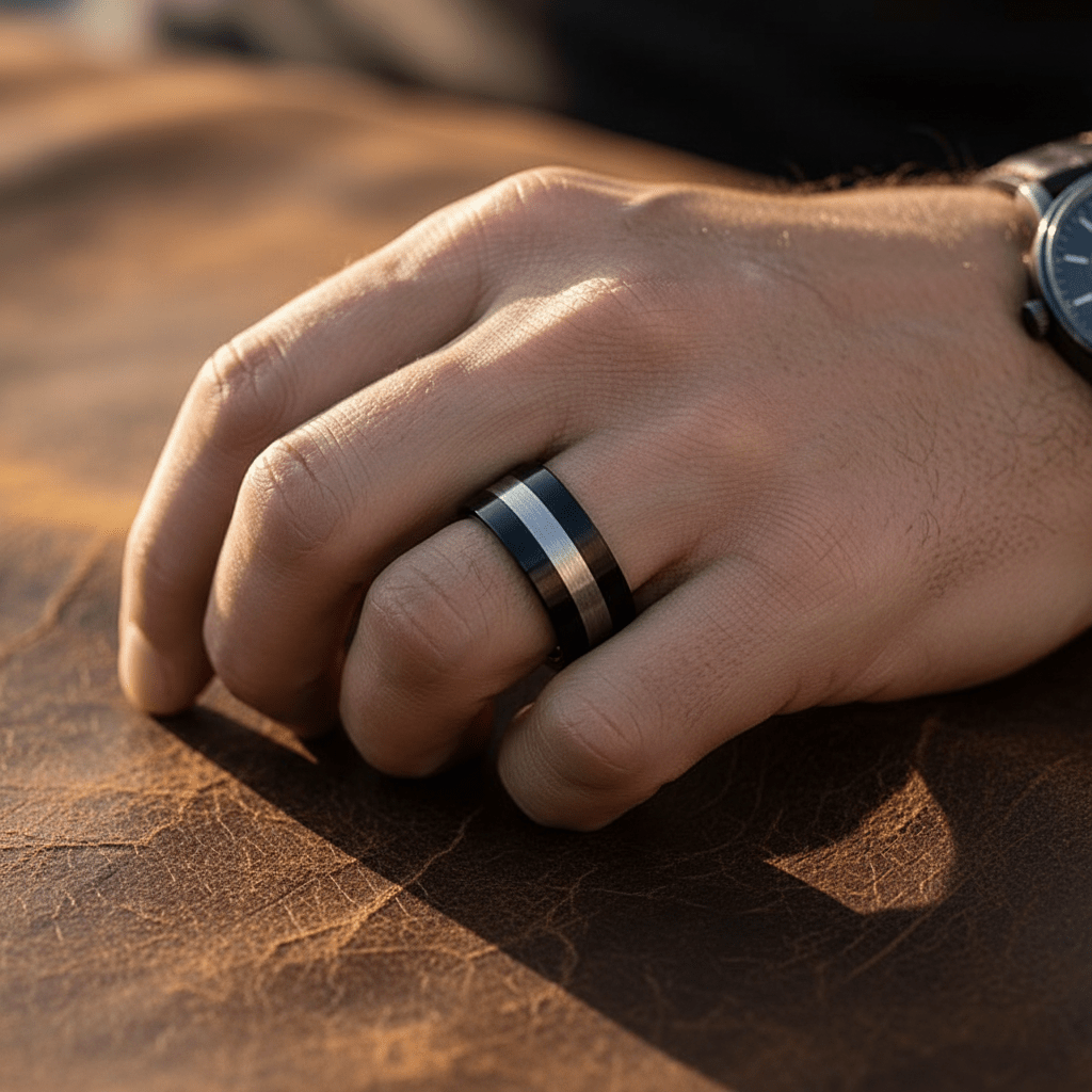 NIGHTHAWK — lifestyle on hand — men's tungsten carbide wedding ring | Aydins Jewelry