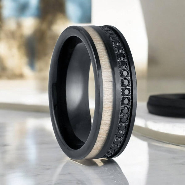 NIGHTMERE black tungsten ring with black CZ eternity and white wood inlay - Aydins Jewelry.