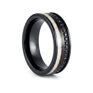 NIGHTMERE black tungsten ring with white wood inlay and black CZ accents - front view