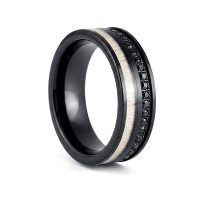 NIGHTMERE black tungsten ring with white wood inlay and black CZ accents - front view