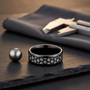 NIKNAM — Editorial masculine still life — men's tungsten wedding ring.