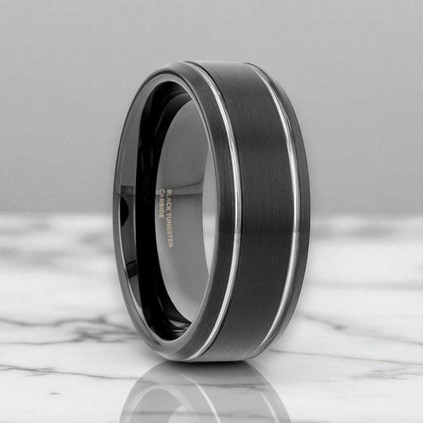 NOCTURNE black tungsten ring front view with polished grooves