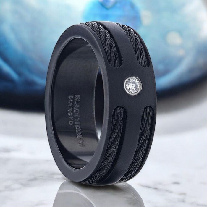 Black titanium ring with double black rope inlays and white diamond center, 8mm width - Aydins Jewelry.