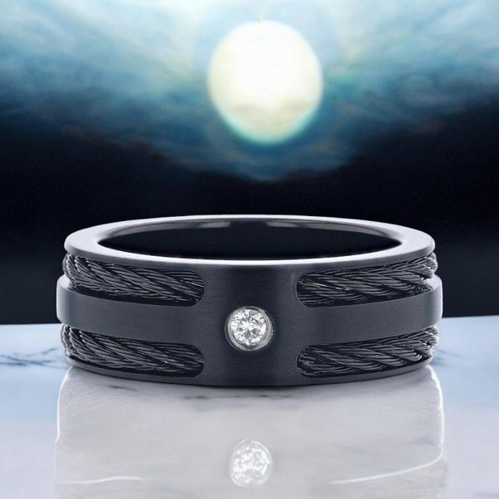 Unique matte black titanium ring with double rope inlays, white diamond center, and comfort fit - Aydins Jewelry.