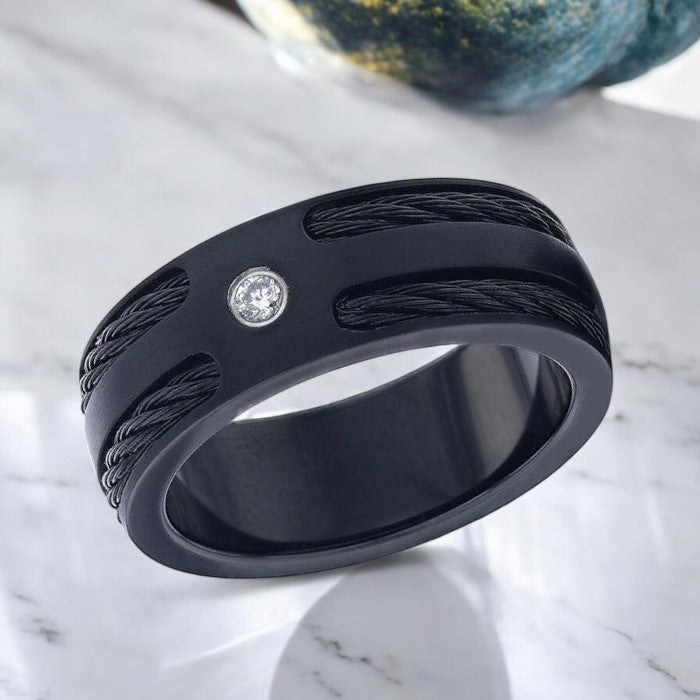 NOIR black titanium wedding band featuring brushed matte finish and double black rope inlays - Aydins Jewelry.