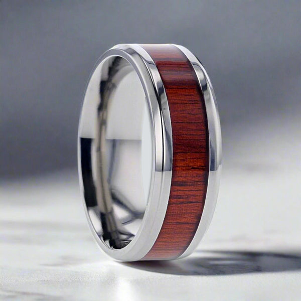 NORRO | Silver Titanium Ring, Padauk Wood Inlay, Beveled