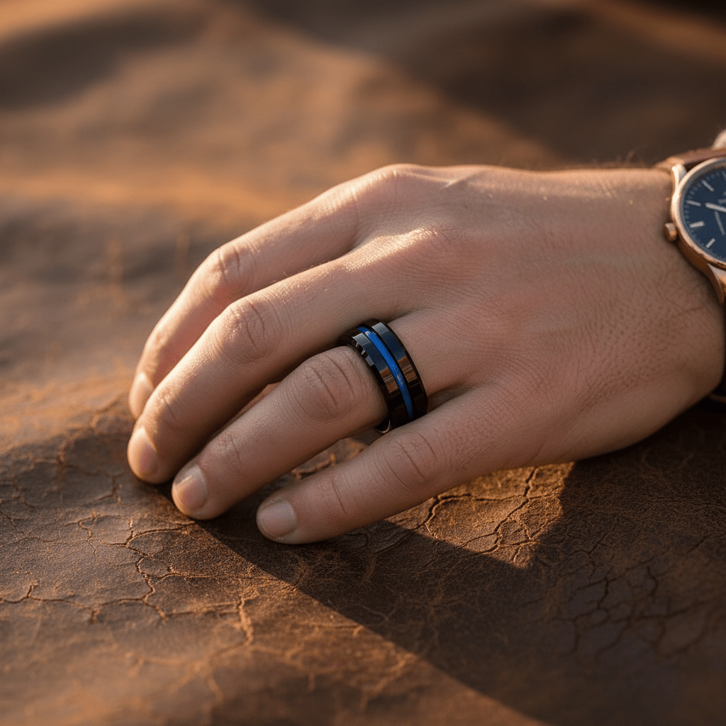 NORWAY — Lifestyle photo on hand — men's tungsten wedding ring.