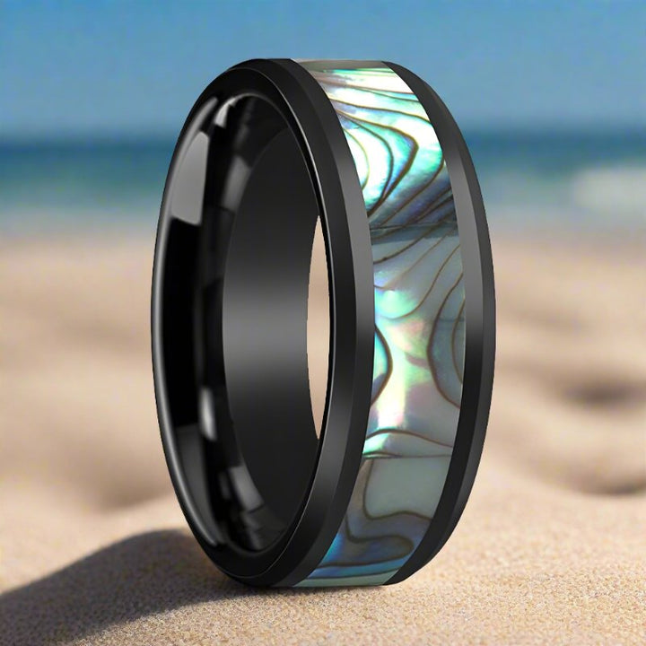 OAHU | Black Ceramic Ring, Mother of Pearl Inlay, Beveled - Rings - Aydins Jewelry - 3