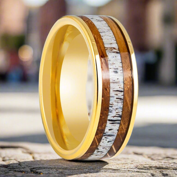 OAKRIDGE | Yellow Tungsten Ring, Whiskey Barrel & Deer Antler Inlay - Rings - Aydins Jewelry - 3