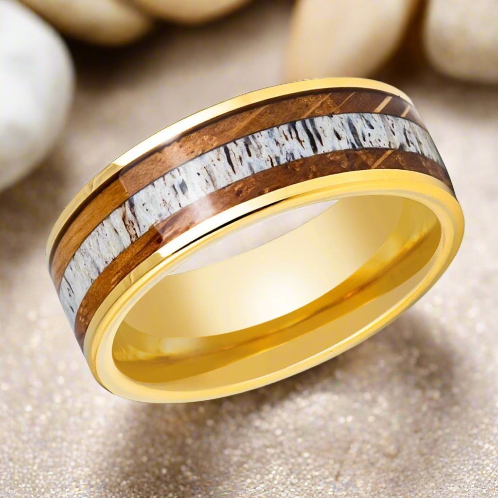 OAKRIDGE | Yellow Tungsten Ring, Whiskey Barrel & Deer Antler Inlay - Rings - Aydins Jewelry - 4