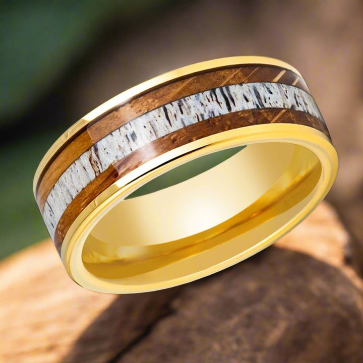 OAKRIDGE | Yellow Tungsten Ring, Whiskey Barrel & Deer Antler Inlay - Rings - Aydins Jewelry - 4