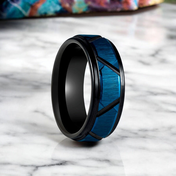 OBSCURA Black Tungsten Ring with blue and black trapezoid design from Aydins Jewelry.