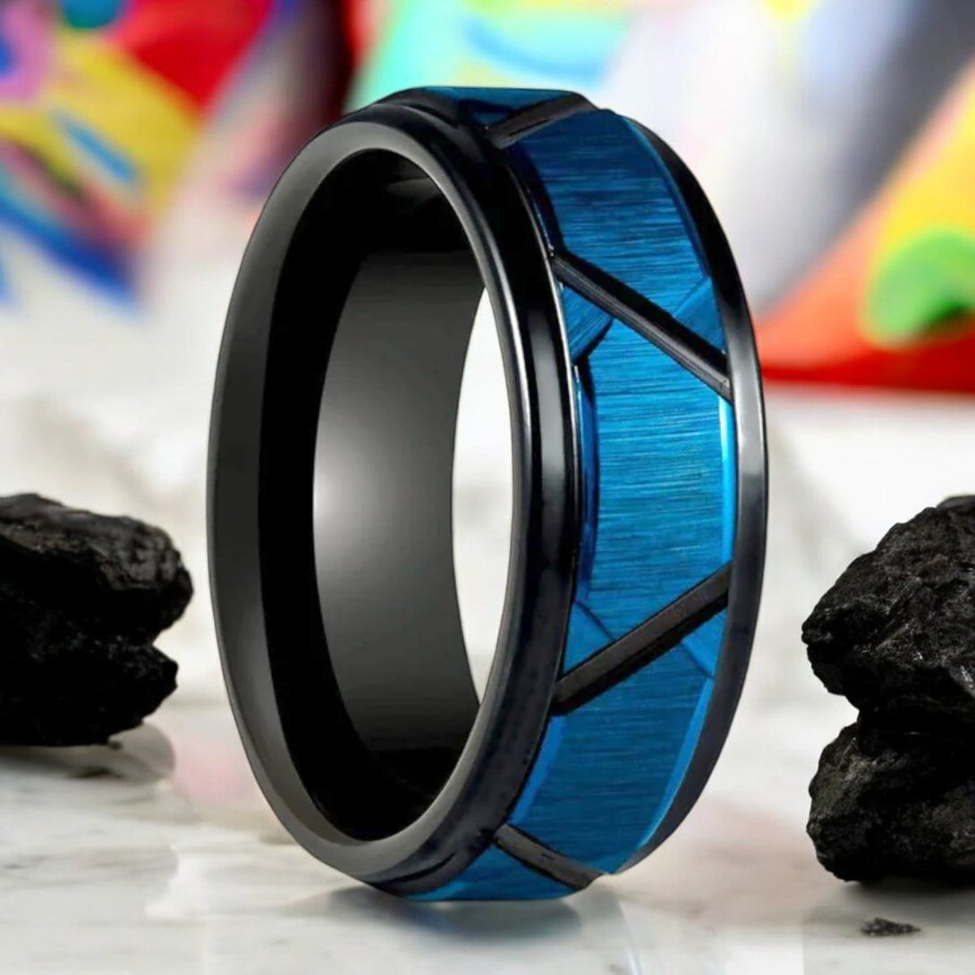 OBSCURA Black Tungsten Ring with blue and black trapezoid design from Aydins Jewelry.