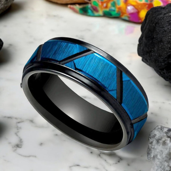 OBSCURA | Blue and Black Tungsten Ring with Trapezoids Design - Rings - Aydins Jewelry