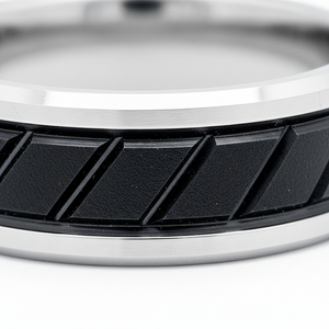 OBSIDIAN — close-up detail — men's tungsten carbide wedding ring | Aydins Jewelry
