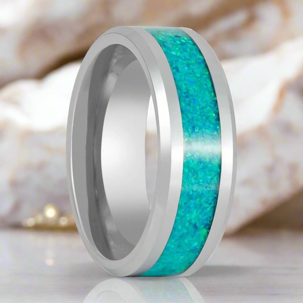 OCEARA Silver Tungsten Ring with kiwi green lab-created opal inlay and beveled edges - Aydins Jewelry