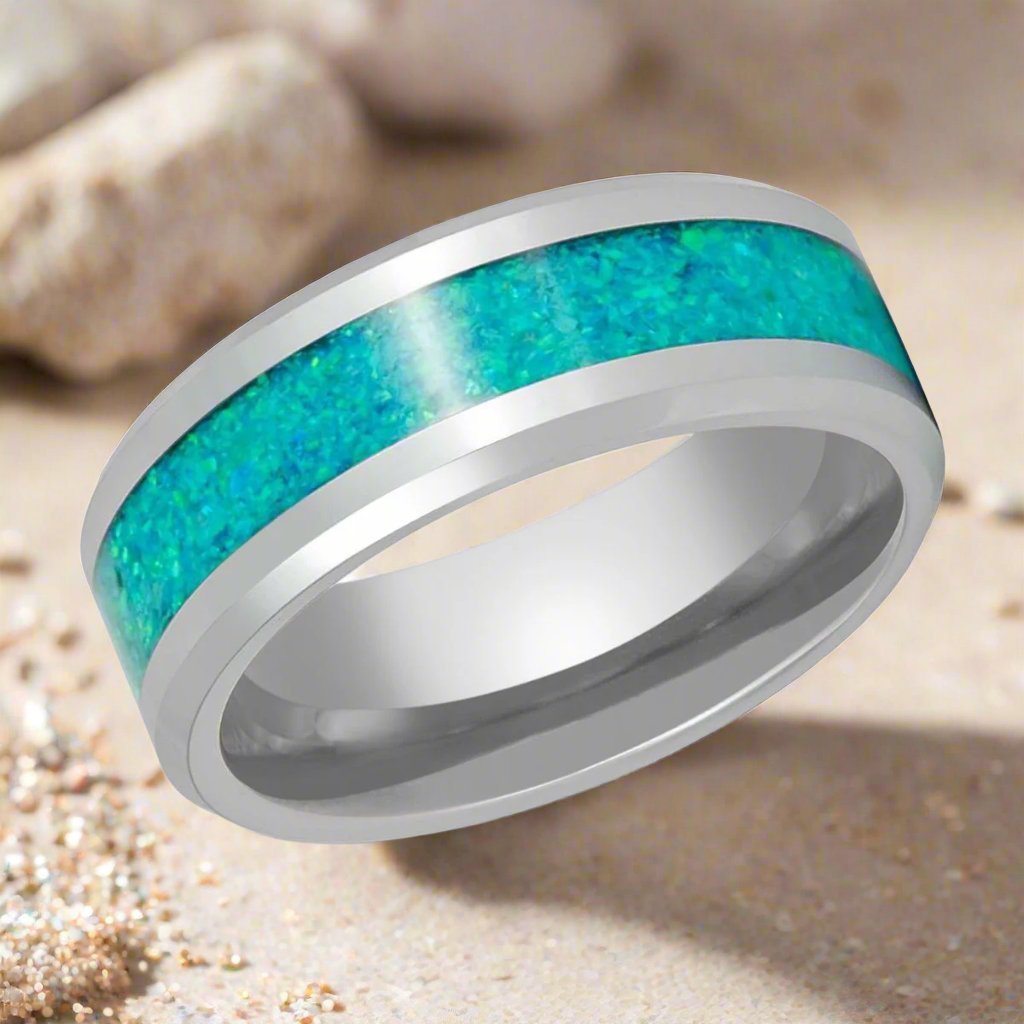 Aydins Jewelry's OCEARA ring - Elegant silver tungsten band with kiwi green opal inlay and polished beveled edges