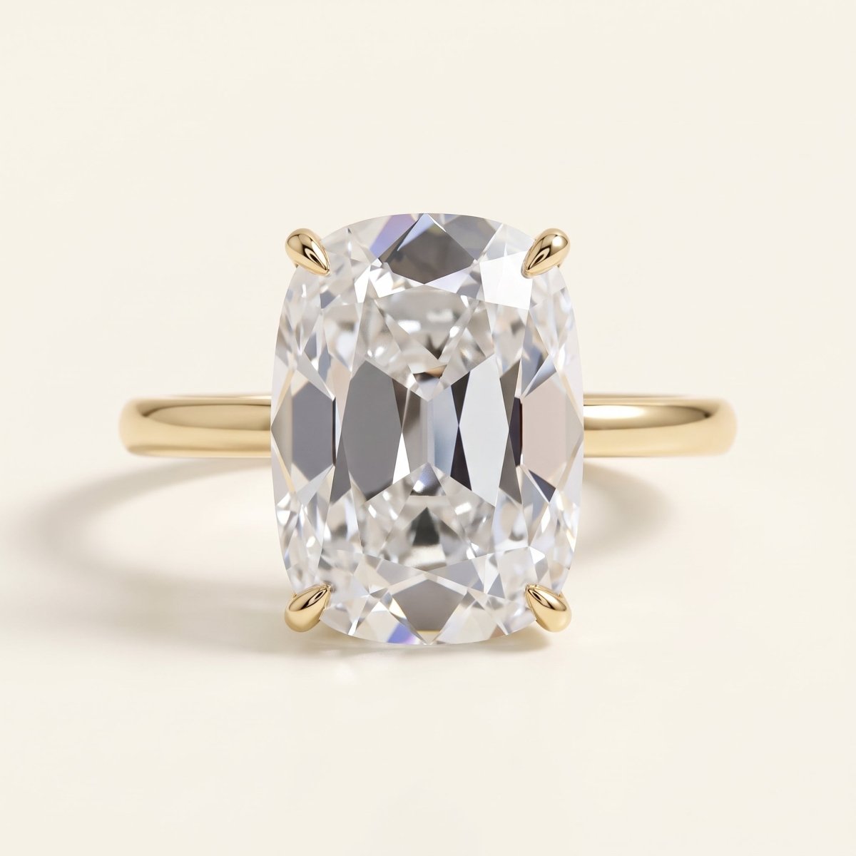 Old Mine elongated cushion lab-grown diamond solitaire engagement ring, Yellow Gold, face-on