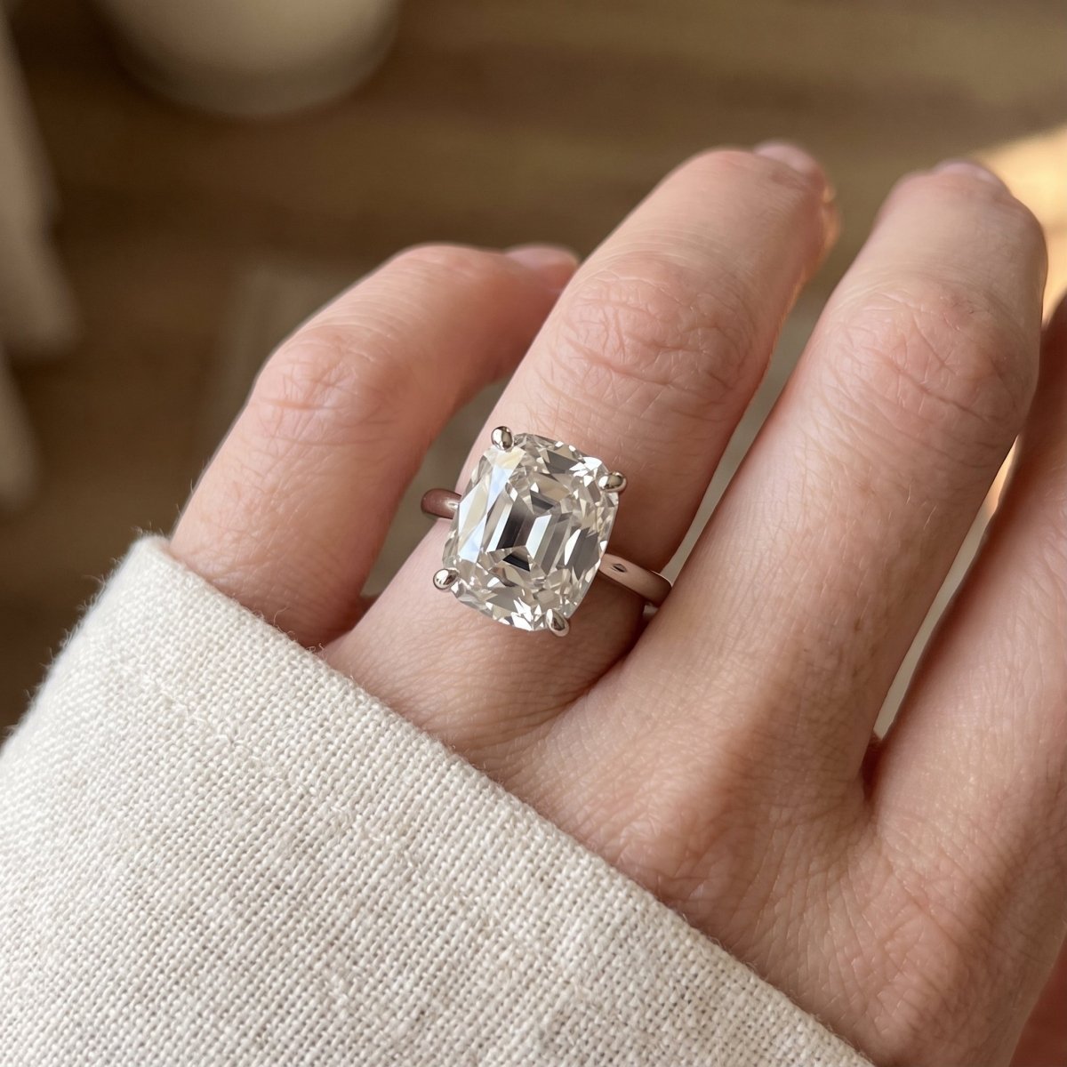Old Mine elongated cushion lab-grown diamond solitaire engagement ring, White Gold, lifestyle