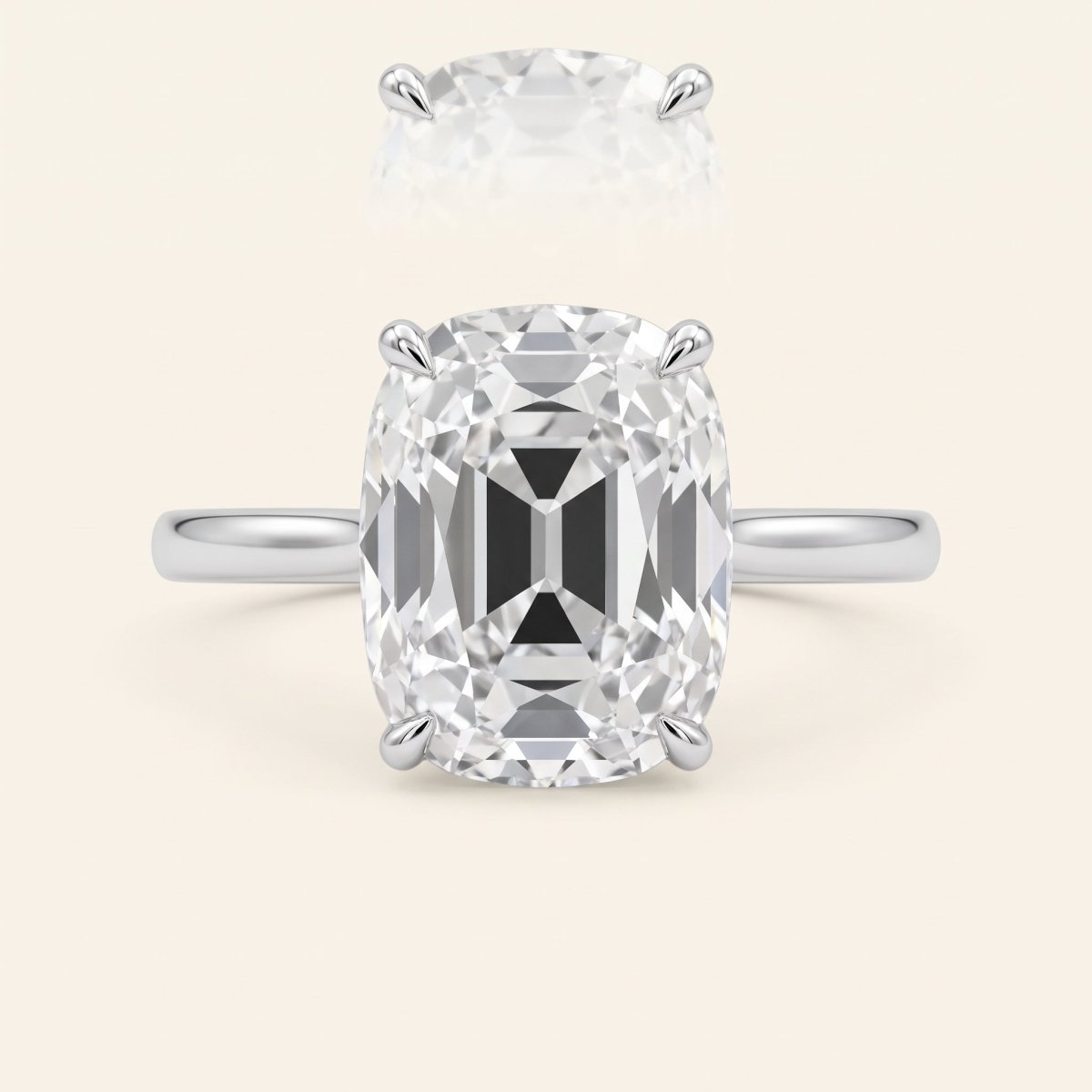 Old Mine elongated cushion lab-grown diamond solitaire engagement ring, White Gold, face-on