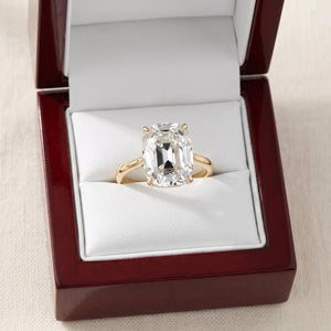 Old Mine elongated cushion lab-grown diamond solitaire engagement ring, Yellow Gold, box