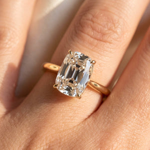 Old Mine elongated cushion lab-grown diamond solitaire engagement ring, Yellow Gold, on-finger
