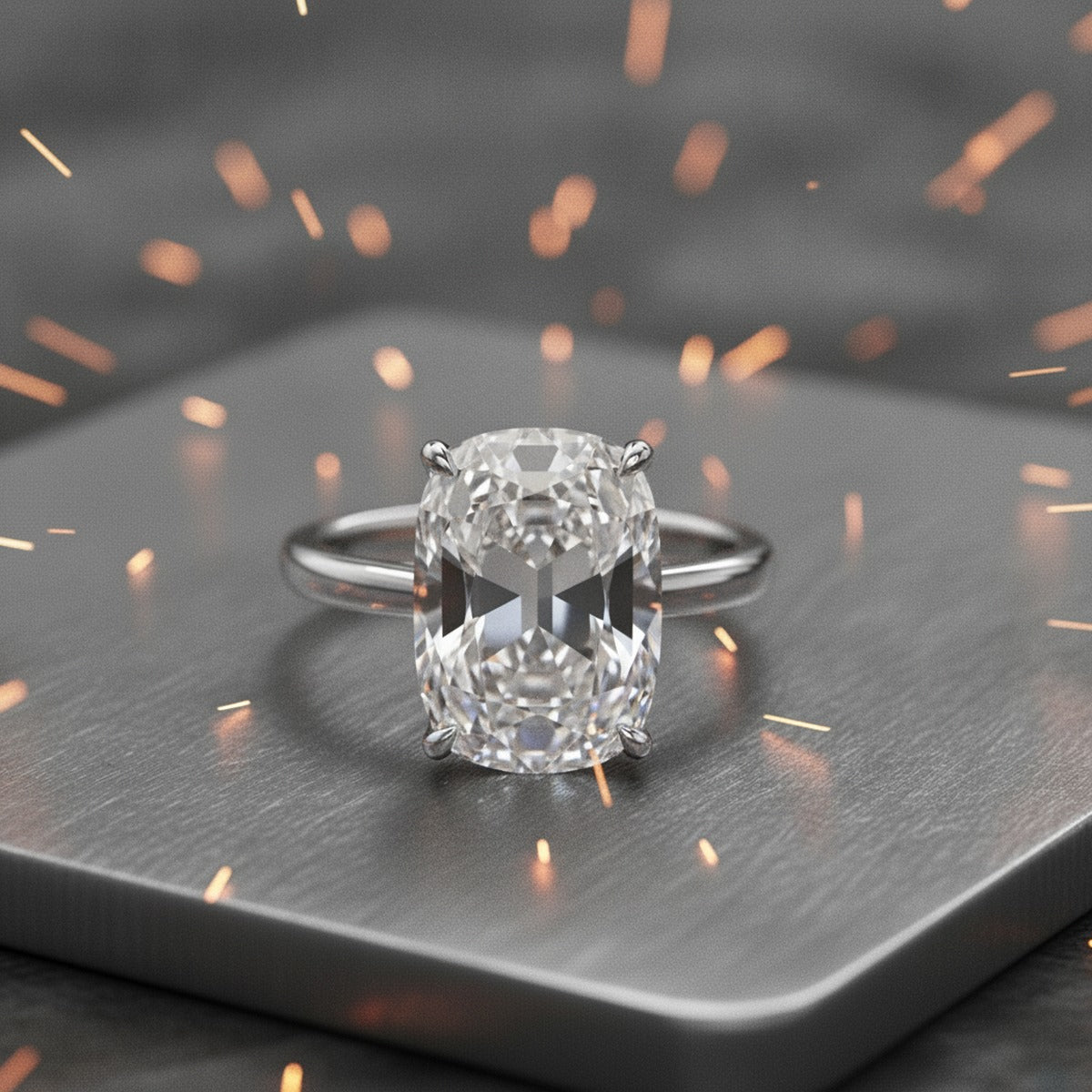 Aydins Old Mine Cut Lab Grown Diamond Solitaire Engagement Ring in 10K or 14K Gold lifestyle scene, metalworker steel