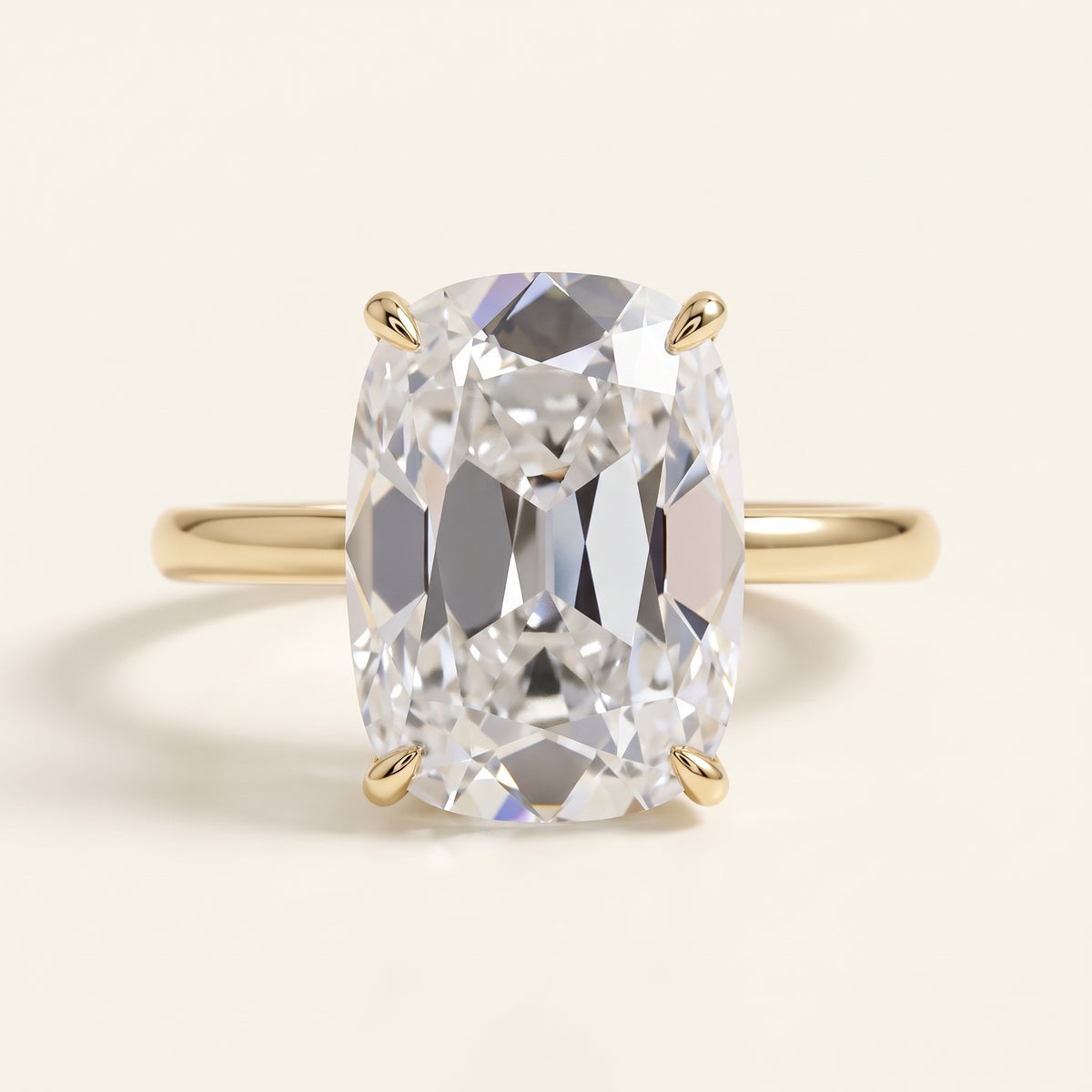 Old Mine elongated cushion lab-grown diamond solitaire engagement ring, Yellow Gold, face-on